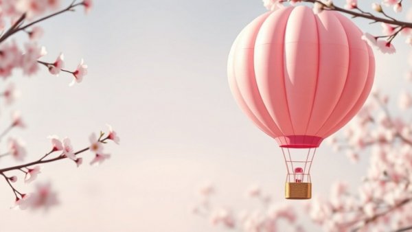 Whimsical pink wedding decor with hot air balloons and cherry blossoms.