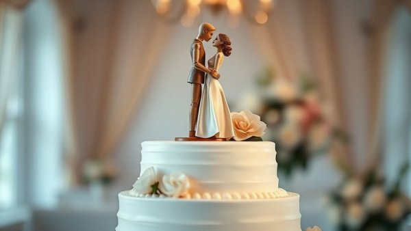 Willow Tree wedding cake topper, wooden couple embracing on a white cake.