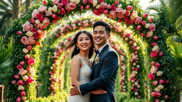 Elegant couple at Silverado Resort wedding venue with floral arch.