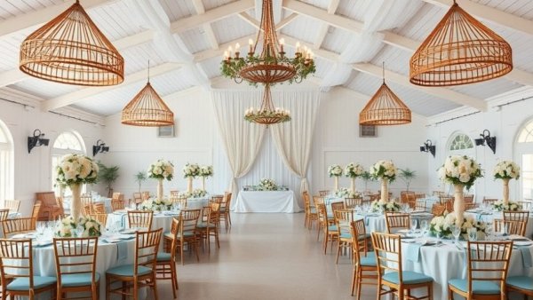 Elegant coastal wedding venues, wicker chandeliers, floral centerpieces.