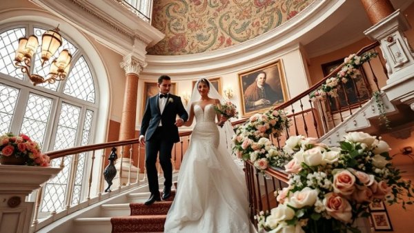 Bride and groom on a flower-decorated staircase for French-Chateau Wedding Inspiration