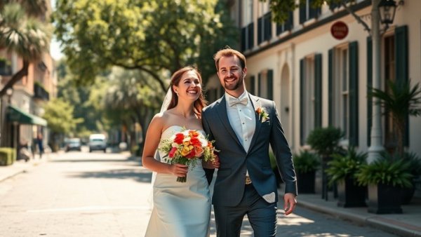 Charleston Wedding Venues: Elegant bride and groom crossing the street.