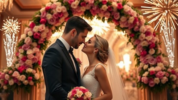 Elegant couple at wedding venue with floral arch and fireworks.