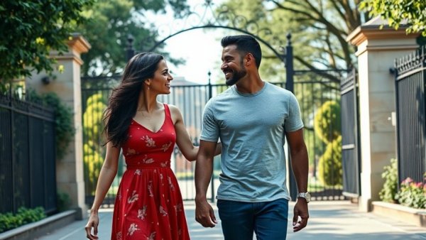 Charming couple walking hand in hand in Charleston park, capturing engagement story.