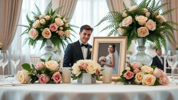 Elegant wall art for wedding memories with flowers and photos.