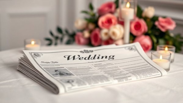 Elegant wedding newspaper program on a table with roses.