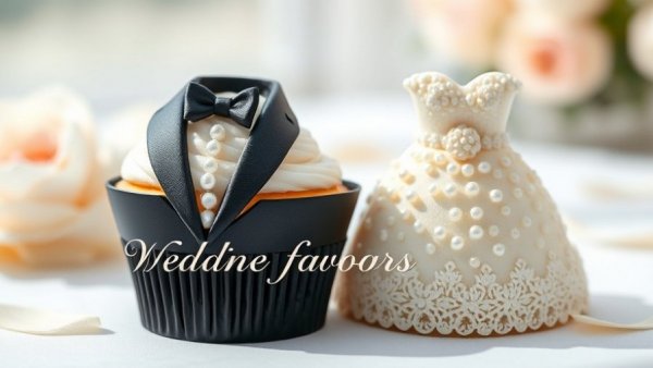Intricate wedding-themed cupcakes with text overlay about wedding favors.