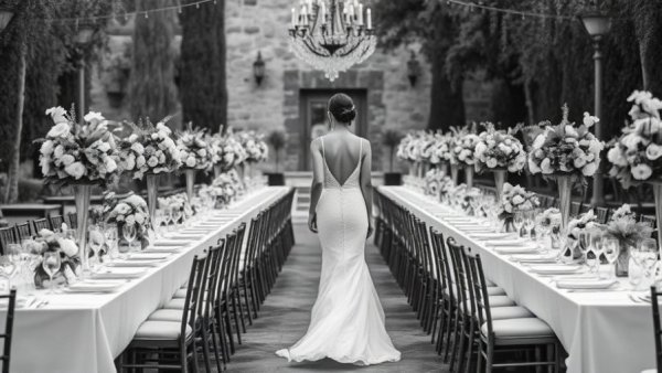 Tuscan wedding florals in elegant outdoor setting with bride.