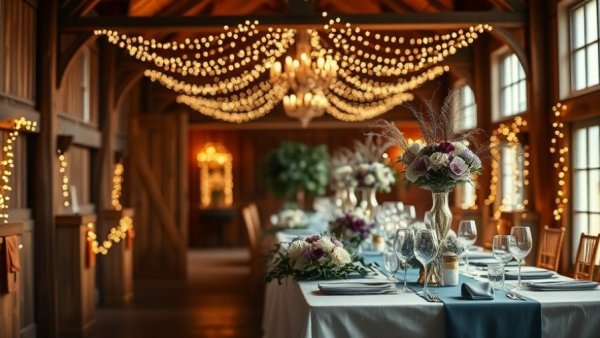 Dusty blue and purple wedding table setting with flowers and lights.