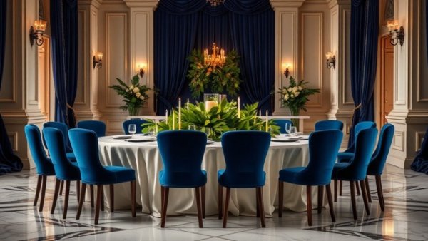 Elegant wedding venue table with leafy centerpiece and blue chairs.