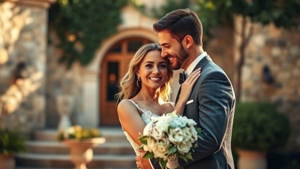 Mallorca wedding couple embracing surrounded by summer floral decor.