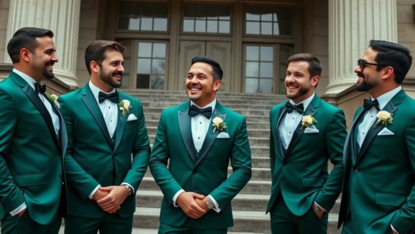 Groom in green tuxedo with groomsmen, showcasing groom tuxedo trends.