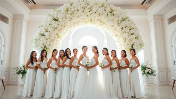 Oklahoma Ranch Wedding bridal party under white floral arch.