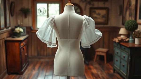 Elegant white chiffon wedding dress sleeves on mannequin in vintage room.