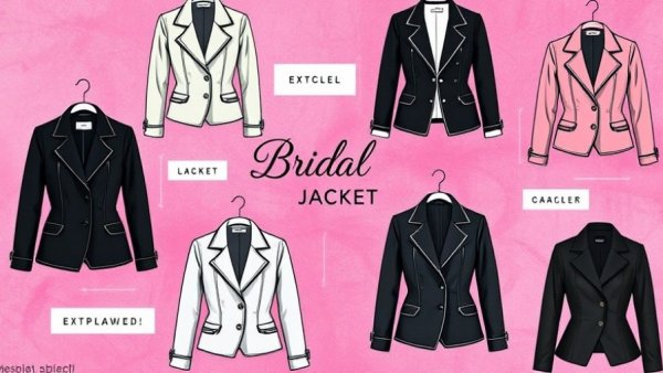 Chic bridal jacket guide collage with pink background and illustrations.