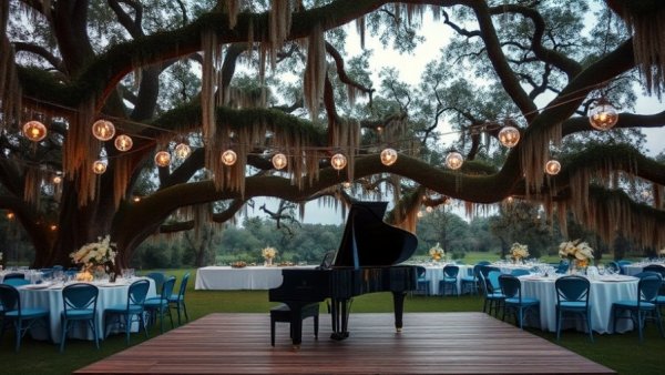Kiawah Island wedding setting with piano under oak trees.