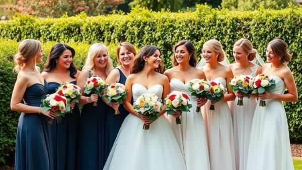 Colorful bridal party at garden wedding, lively atmosphere.