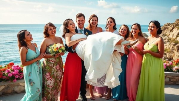 Coastal Orchid Wedding: Bride lifted by bridesmaids, ocean backdrop.