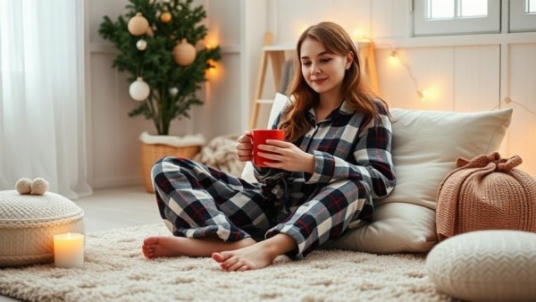 Cozy bridal party plaid pajamas with red mug.