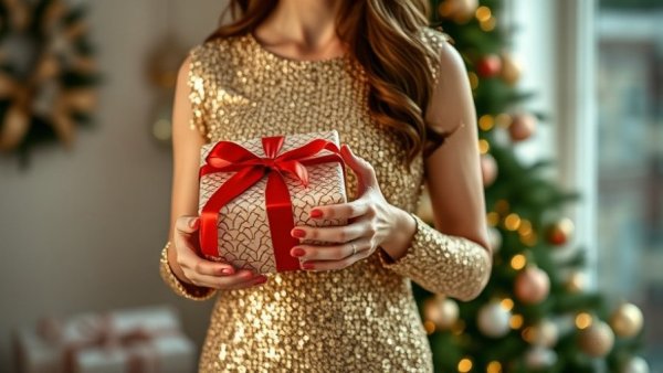 Elegant winter wedding guest dress with gift, festive setting.