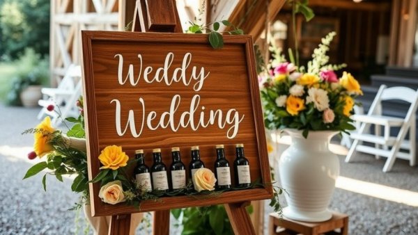 Wedding vendor sign display with small bottles and floral arrangement.