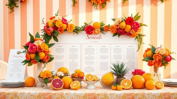 Citrus wedding theme seating chart with vibrant decor