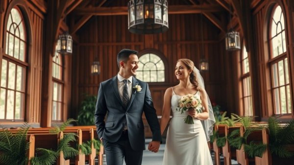 Elegant couple in rustic chapel, showcasing Wedding Decor Trends 2025.