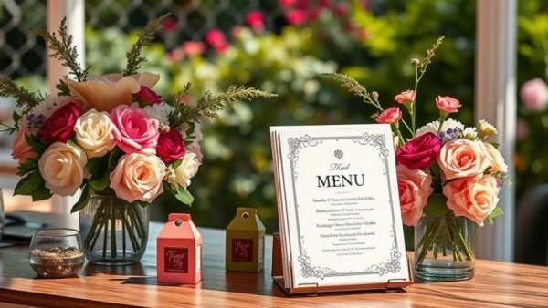 Elegant wedding bar setup with floral decor and menu banner.