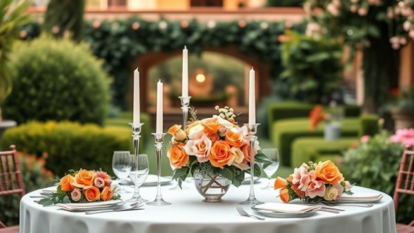 Tuscan garden wedding decor with candles and flowers on a table.