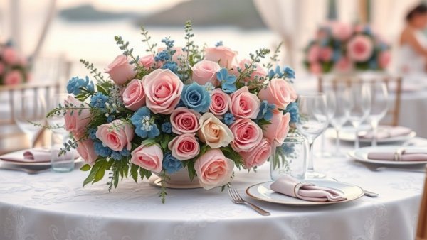 Elegant coastal wedding table with floral centerpiece and candles.