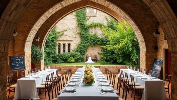 Coastal Castle Wedding in Portugal: Elegant dinner setup in rustic castle.