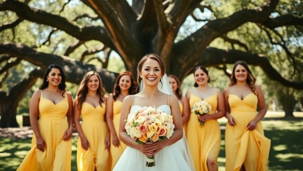 Bride and bridesmaids at sunny waterfront wedding under oak trees.