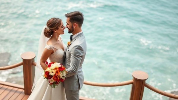 Bride and groom on deck by ocean, showcasing wedding vendors.
