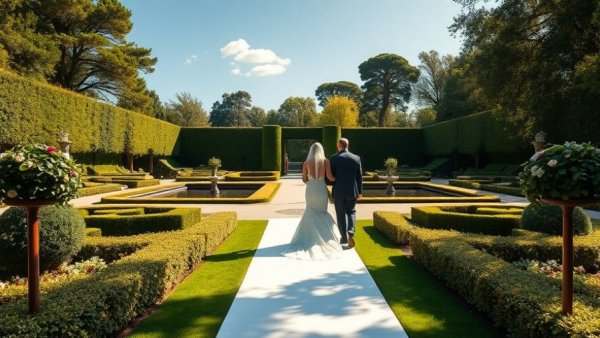 European-style wedding venue with gardens and reflecting pools.