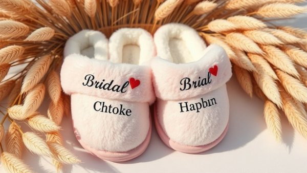 Bridesmaid slippers, personalized, pink and white, cozy setting.