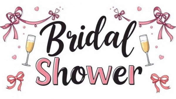 Bridal shower illustration with text and decorations.