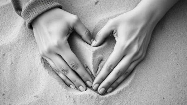 Couple drawing heart in sand, symbolic intimacy, modern love songs for weddings.