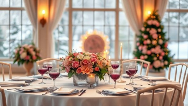 Elegant wedding reception table with pink flowers and purple glasses.