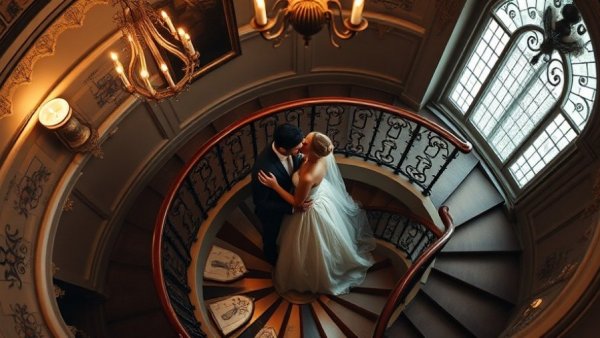Couple embracing on spiral staircase in a vintage wedding venue.