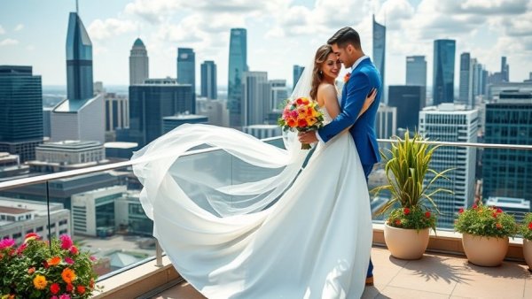 Elegant rooftop wedding in Houston with city skyline