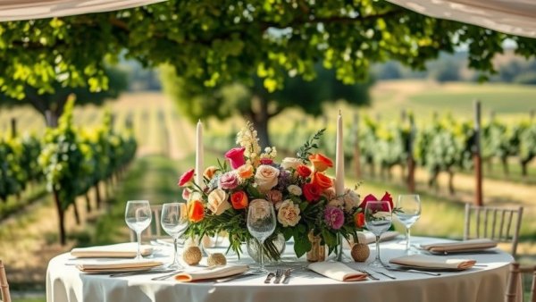 Elegant outdoor wedding reception setup with vibrant floral decor.