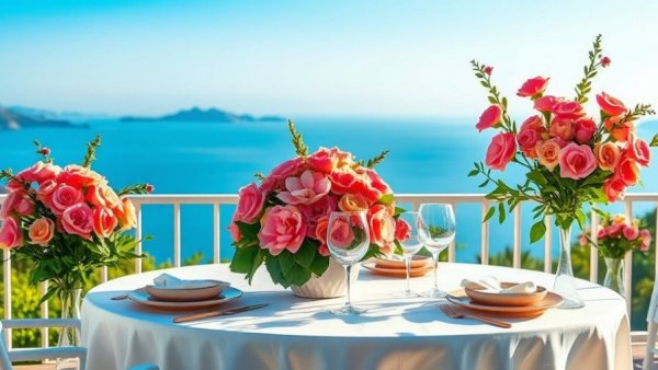 Santorini wedding style elegant table setting with coastal view