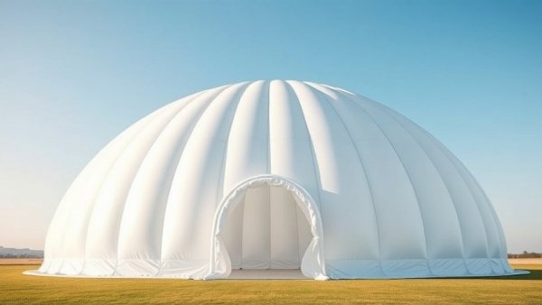 White inflatable dome for weddings against blue sky.