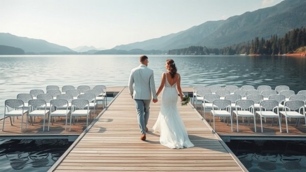 eSIM for Travel: Wedding couple on lakeside dock with mountain view