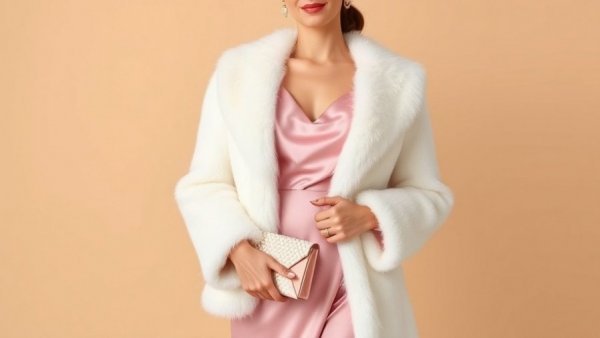 Elegant white faux fur wedding coat over pink dress with pearl clutch.