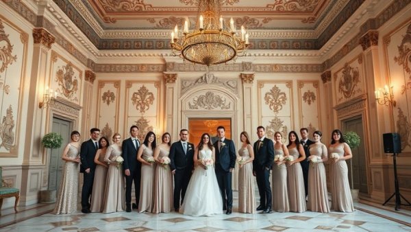 Elegant Tuscany wedding party posing in ornate vintage room.