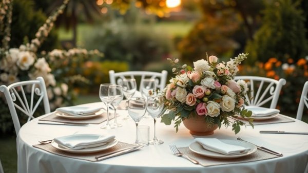Wedding table with floral decor and soft lighting in a garden.