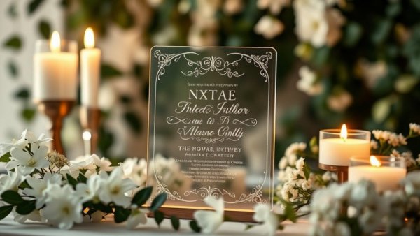 Elegant acrylic wedding invitation with flowers and candles.