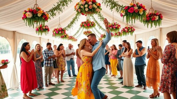 Vibrant wedding decor inspiration with couple dancing in marquee.