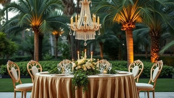 Palm Springs Wedding Decor featuring elegant tables and chandelier.